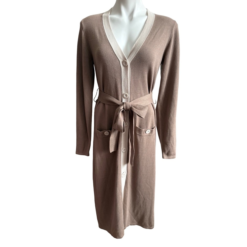 Cabi Mocha Brown Cream Genteel Trim Belted Longline Cardigan Sweater Dress SZ S - Picture 2 of 7